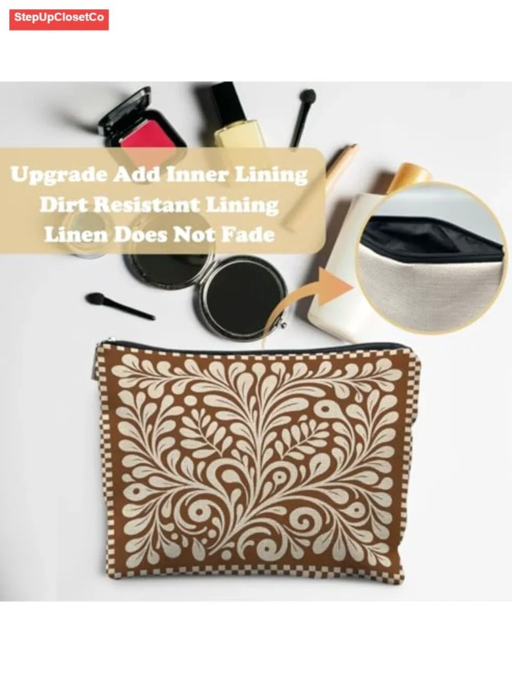 Boho Mexican Floral Makeup Bag Linen Canvas Zipper Cosmetic Pouch Travel